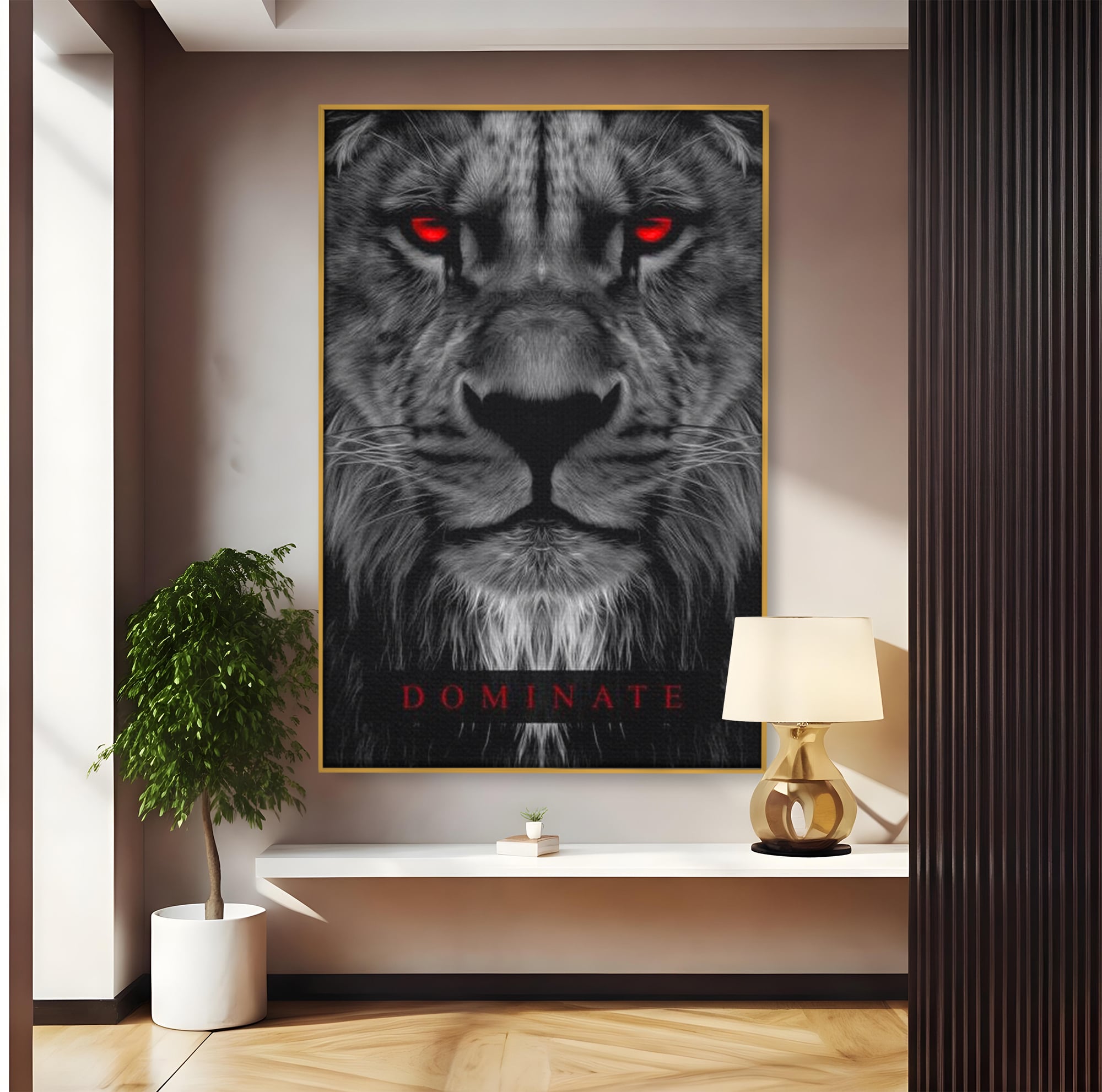 Tablou canvas cu tablou canvas cu leu alb-negru, in rama de aluminiu auriu